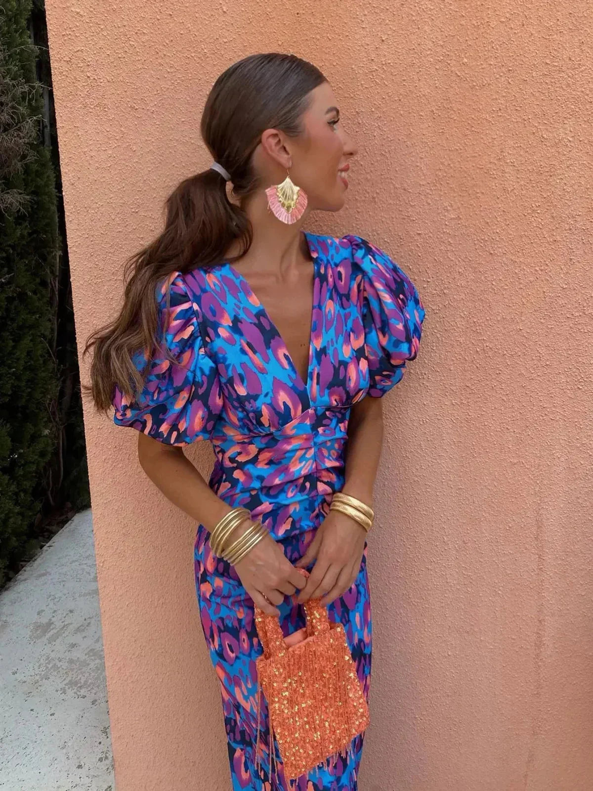 Arielle - Colourful Midi Dress with Pleated Sleeves