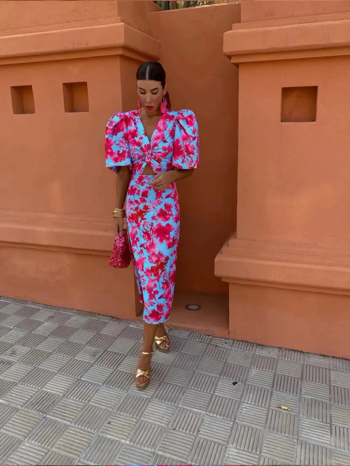 Arielle - Colourful Midi Dress with Pleated Sleeves
